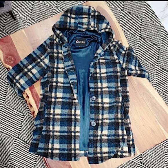 Big Chill Teal Blue Plaid Fleece/Satin Sweater Jacket - Picture 12 of 14